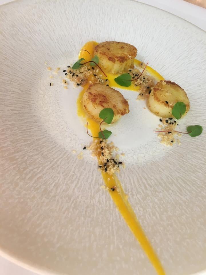 Seared scallops with squash puree